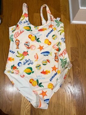 Women’s One-Piece Swimsuit - Tropical Fish & Fruit Print, Cream